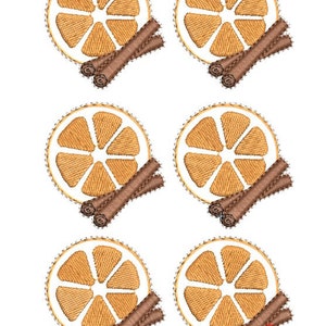 May include: Embroidered design featuring six orange slices with white segments and brown cinnamon sticks. The orange slices have a textured, stitched appearance, and the cinnamon sticks are detailed with a realistic, brown color.