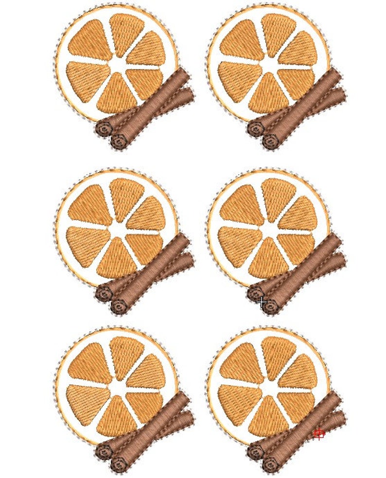 May include: Embroidered design featuring six orange slices with white segments and brown cinnamon sticks. The orange slices have a textured, stitched appearance, and the cinnamon sticks are detailed with a realistic, brown color.