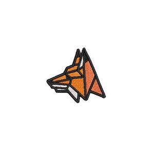 Könnte beinhalten: Ein geometrisches Fuchskopfdesign in Schwarz und Orange mit einem weißen Umriss. Der Fuchs blickt nach links und hat eine stilisierte, eckige Form.