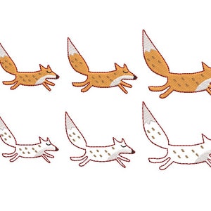 May include: Six embroidered fox designs in a running pose. Three foxes are orange with white-tipped tails, and three are white with brown spots. All have closed eyes, suggesting a peaceful or playful mood. The designs are on a white background.