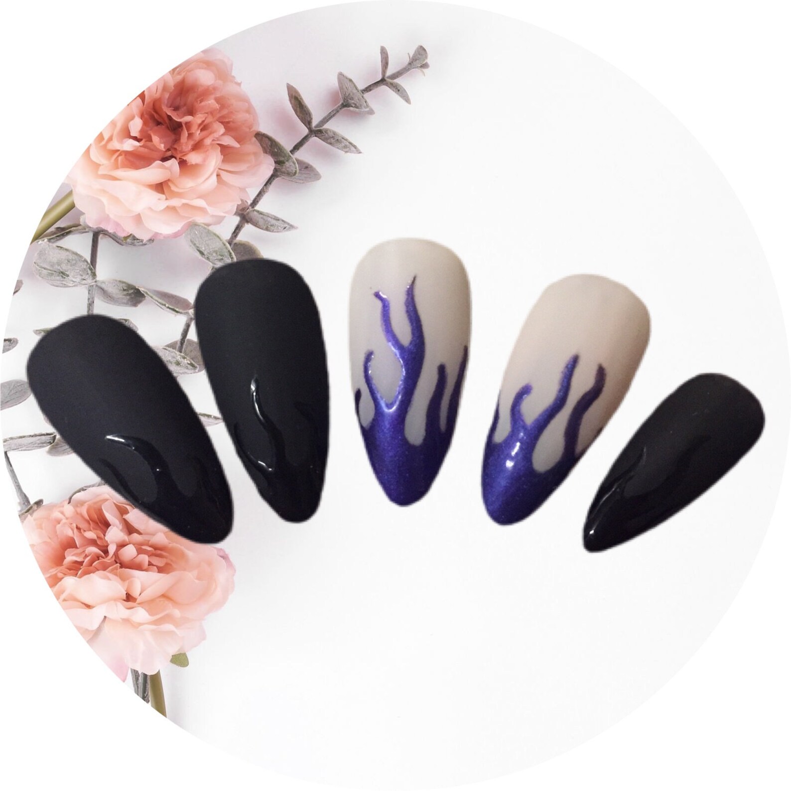 Matt chrome and gloss flame nails Etsy