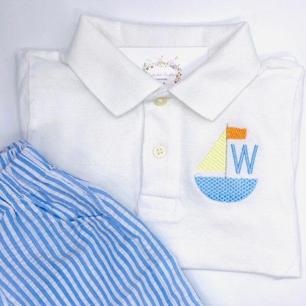 Sailboat White Polo Boys Toddler Summer Spring Monogrammed Quality Cotton Pique Sizes 18 mo, 2t, 3t, 4t, 5t, 5/6, 7/8