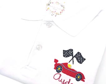 Boys Race Car with Flags White Polo Quality Cotton  Sizes 12M - 8 yr