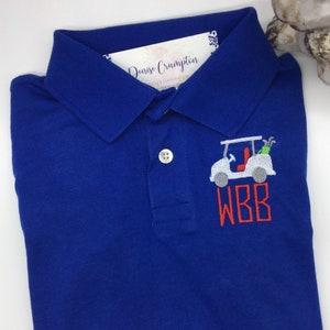 Golf Monogrammed Royal Blue Polo Boys Toddler Summer Golf Cart Quality Cotton Pique Sizes 18 mo, 2t, 3t, 4t, 5t, 5/6, 7/8