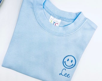 Smiling Face SS T Shirt Boys or Girls Short Sleeve Long Sleeve Boutique Quality Cotton Blue Custom Colors. 12 mo - 10