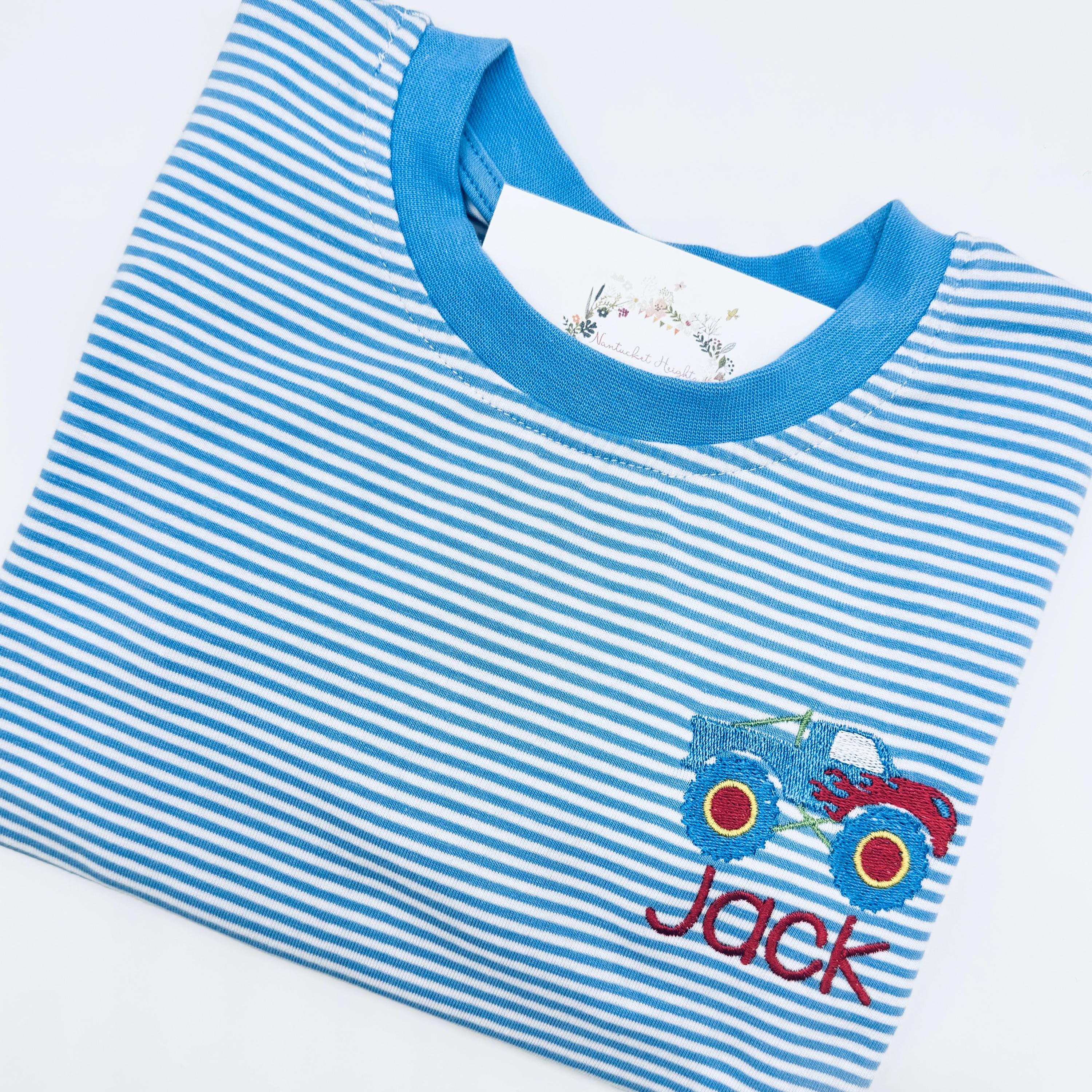 Boys Monster Truck Cornflower Blue Striped Short Sleeve T Shirt Quality Soft Cotton Blend Sizes 12 mo, 18 mo, 2t, 3t, 4t, 5t, 7, 8