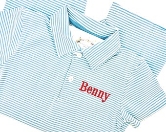 Boys Light Blue Striped Knit Polo Short Sleeve Romper: Soft Cotton Blend, Customizable