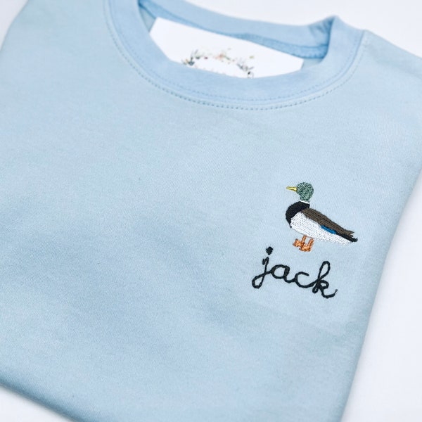 Mallard Duck T Shirt Boys or Girls Short Sleeve Long Sleeve Boutique Quality Cotton Light Blue Brown Mallard 12 mo - 10