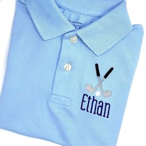Monogram Blue Polo Boys Toddler Golf Clubs LS or SS Quality Cotton Pique Sizes 18 mo, 2t, 3t, 4t, 5t, 5/6, 7/8, 10/12, 14/16