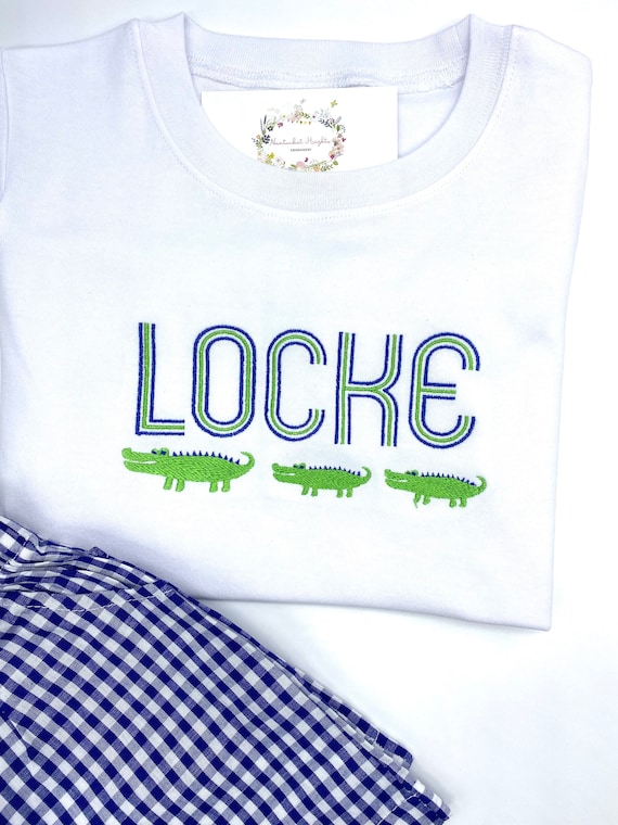 Alligator Crocodile T Shirt Toddler Boys SS or LS Boutique Quality Cotton White. Custom Colors. 12 mo, 18 mo, 2t, 3t, 4t, 5t, 6, 8