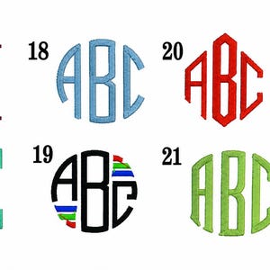 Może przedstawiać: Kolekcja siedmiu haftowanych styl&oacute;w czcionek monogramowych oznaczonych numerami od 16 do 22, z kt&oacute;rych każdy przedstawia litery ABC w r&oacute;żnych kolorach, takich jak czerwony, jasnoniebieski, zielony i czarny, z obw&oacute;dkami kołowymi lub sześciokątnymi.