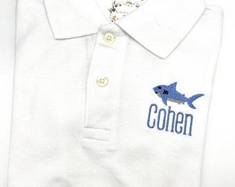 Shark Polo Boys Toddler White SS Personalized Cotton  Size 6-9 mo, 9-12 mo, 12-18 mo, 18-24 mo, 2t, 3t, 4t, 5t, 5/6, 7/8, 10/12, 14/16