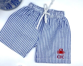 Personalized Boys Toddler Seersucker Swim Trunks Navy Blue Boutique Quality Cotton 12 mo, 2t, 3t, 4t, 5t Custom Designs