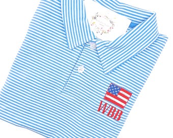 Patriotic Flag Boys Toddler Cornflower Blue Stripe  Polo Short Sleeved Quality Soft Cotton Blend Sizes 12 mo - 14 yrs