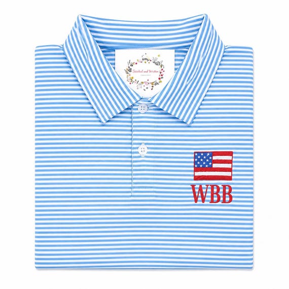 Patriotic Flag Boys Toddler Cornflower Blue Stripe  Polo Short Sleeved Quality Soft Cotton Blend Sizes 12 mo - 14 yrs