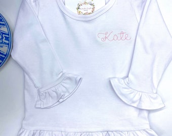 Personalized Girls Shirt Embroidered Toddler Girls Long Sleeve  Ruffled Boutique Quality Cotton White.  12 mo, 18 mo, 2t, 3t, 4t, 5t, 6, 8