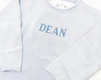 Boys Unisex Monogrammed Light Blue Cotton Knit Rollneck Sweater Small Cross Stitch Font Sizes 6m - 6 yr