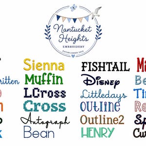 May include: A digital chart displaying various embroidery font styles labeled with names like Serif, Sienna, Fishtail, Market, Handwritten, Muffin, Disney, Better, Lego, LCross, Littledays, Tinker, Adorn, Cross, Outline, Rebel, Caleb, Autograph, Outline2, Spirit, Block, Bean, and Henry.