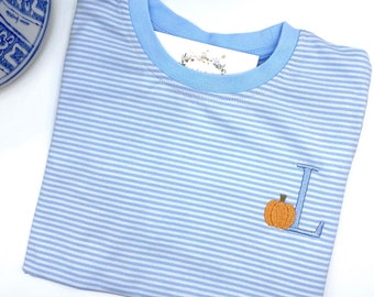 Boys Fall Pumpkin Light Blue Striped SS or LS T Shirt Quality Soft Cotton Blend Sizes 12m - 12yr
