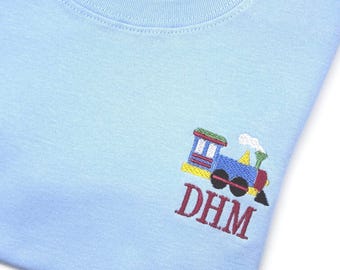 Boys Personalized T Shirt Toddler  Train Boutique Quality Cotton Medium Blue LS or SS. 6 mo, 12 mo, 18 mo, 2t, 3t, 4t, 5, 6, 8