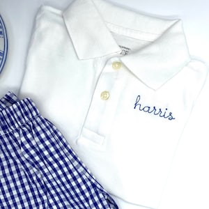 Boys White Polo Boys Toddler  Name on Collar or chest. Shirt only. Quality Cotton  Sizes 6-9 mo-14/16