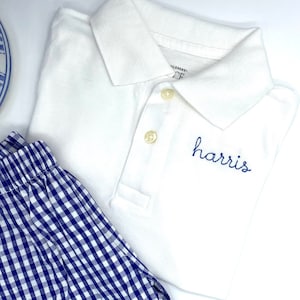 Boys White Polo Boys Toddler Name on Collar or chest. Shirt only. Quality Cotton Pique Sizes 18 mo, 2t, 3t, 4t, 5t, 5/6, 7/8, 10/12, 14/16 image 1