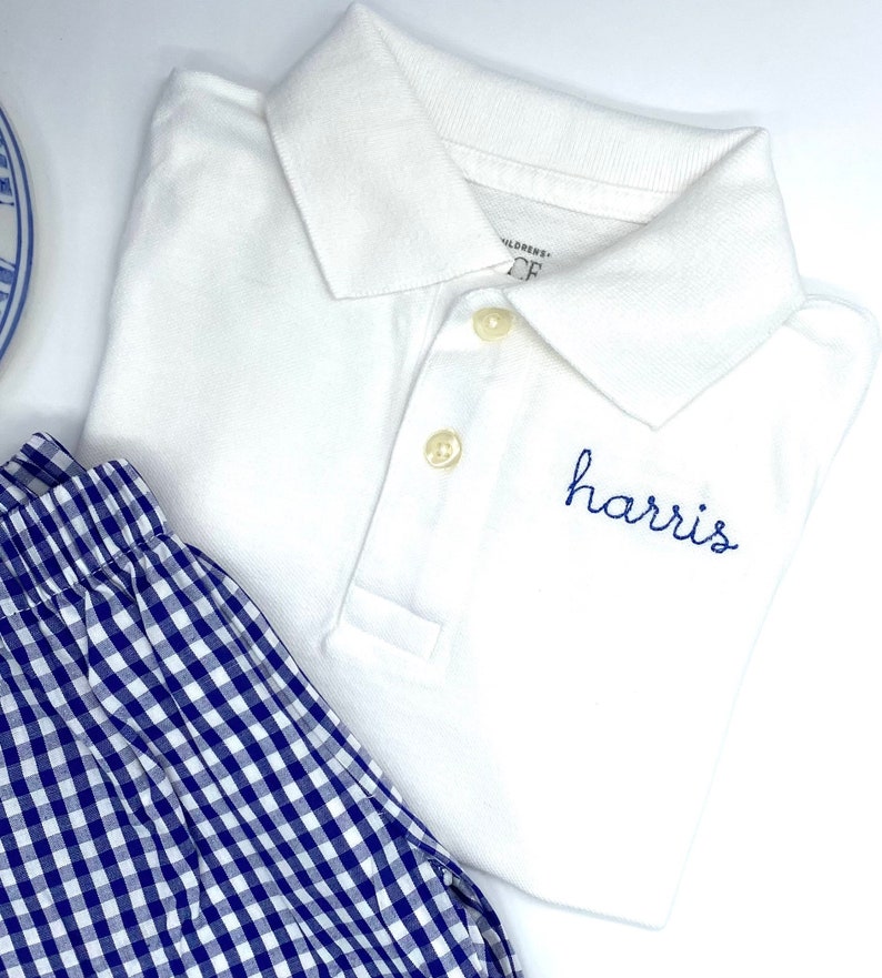 Boys White Polo Boys Toddler Name on Collar or chest. Shirt only. Quality Cotton Pique Sizes 18 mo, 2t, 3t, 4t, 5t, 5/6, 7/8, 10/12, 14/16 image 1