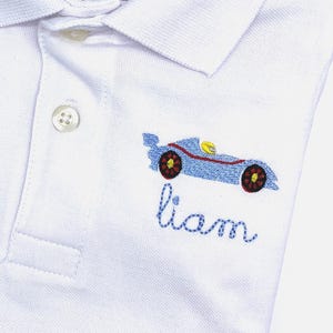 Personalized Race Car White Polo Quality Cotton  Sizes 18 mo, 2t, 3t, 4t, 5t, 5/6, 7/8, 10/12