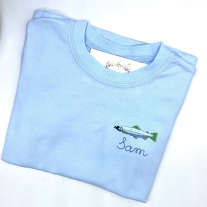 Fish T Shirt Light Blue Shirt Trout Fish   SS or LS Boutique Quality. Custom Colors. 6 mo 12 mo, 18 mo, 2t, 3t, 4t, 5t, 6, 8, 10