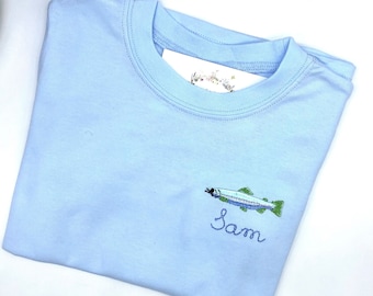 Fish T Shirt Light Blue Shirt Trout Fish   SS or LS Boutique Quality. Custom Colors. 6 mo 12 mo, 18 mo, 2t, 3t, 4t, 5t, 6, 8, 10
