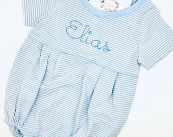 Boys Bubble Blue Striped Soft Cotton Blend Monogrammed  Sizes 3 mo 6 mo 9 mo 12 mo 18 mo 24 mo  Personalized Matching Polo and T Shirt Avail