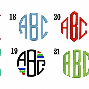 May include: A collection of seven embroidered monogram font styles labeled 16 through 22, each displaying the letters ABC in various colors including red, light blue, green, and black, with some designs featuring circular or hexagonal borders.
