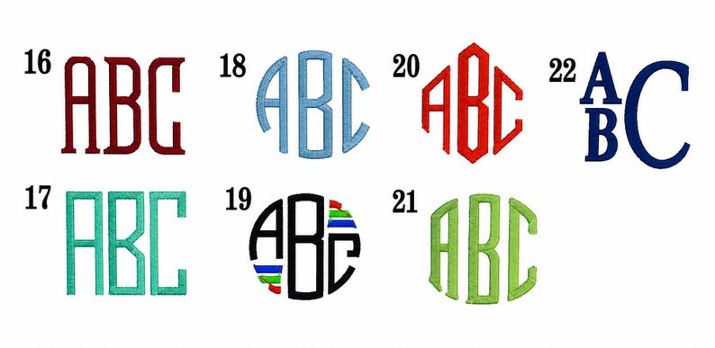 May include: A collection of seven embroidered monogram font styles labeled 16 through 22, each displaying the letters ABC in various colors including red, light blue, green, and black, with some designs featuring circular or hexagonal borders.