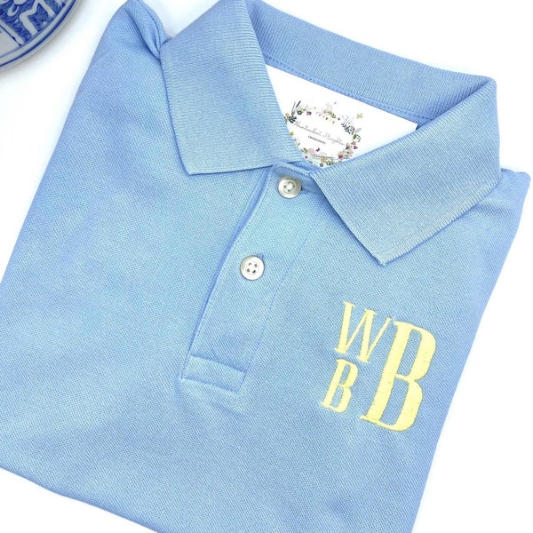 Blue Solid Polo Monogrammed Polo Boys Toddler Quality Cotton Pique Sizes 9 mo, 12 mo, 18 mo, 2t, 3t, 4t, 5t, 5/6, 7/8, 10/12