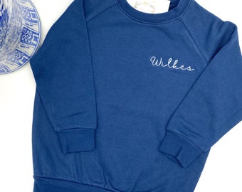 Navy Sweatshirt Lightweight Unisex Navy Hand Lettered Name or Santa Toddler Boys Long Sleeve Boutique Quality Cotton. 12m - 10 Yrs
