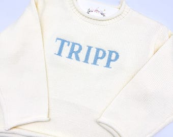 Boys Cotton Knit Rollneck Sweater Off White Small Cross Stitch Personalization Sizes 12m - 6 yr