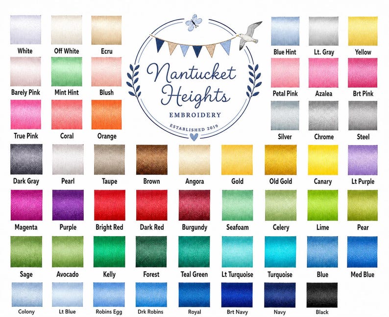 May include: A color chart for Nantucket Heights Embroidery featuring a grid of thread spools in various shades including white, pink, red, orange, yellow, purple, green, blue, gray, and black, with a central logo featuring a bird and bunting.