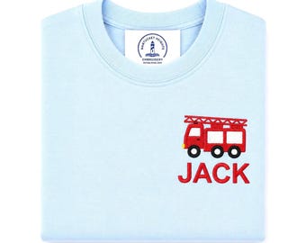 Boys Blue T Shirt Firetruck Embroidered   Boys SS or LS Boutique Quality Cotton 12m - 10y