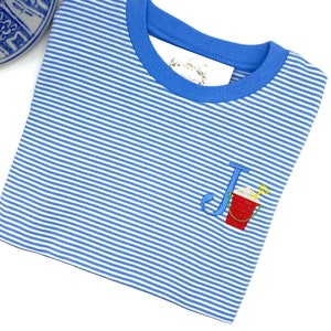 Boys Beach Summer Cornflower Blue Stripe Short Sleeve T Shirt Quality Soft Cotton Blend Sizes 18 mo, 2t, 3t, 4t, 5t, 6, 7