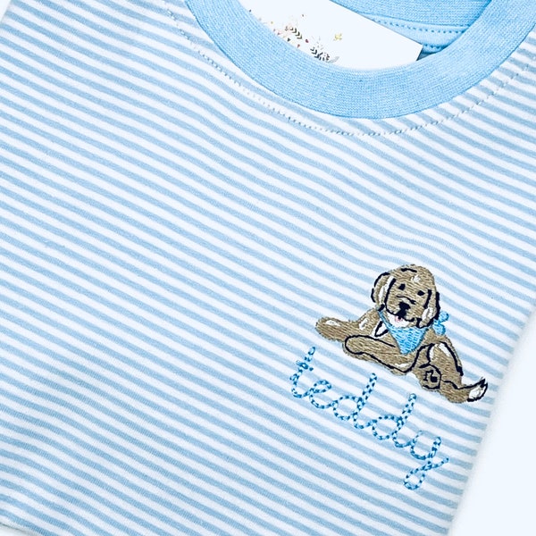 Boys Doodle Dog Striped Short Sleeve T Shirt Quality Soft Cotton Blend Sizes 12 mo,18 mo, 2t, 3t, 4t, 5t, 7, 8 Ltd quan