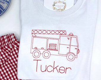 Boys Girls Firetruck T Shirt Unisex Hand Letter Monogram Short Sleeve Boutique Quality Cotton White. Custom Colors.12 mo - 10 yrs