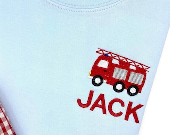 Boys’ Blue T Shirt Firetruck Embroidered   Boys SS or LS Boutique Quality Cotton Blue. Custom Colors. 12 mo 18 mo, 2t, 3t, 4t, 5t, 6, 8