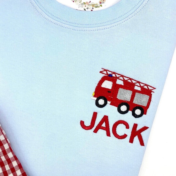 Boys’ Blue T Shirt Firetruck Embroidered   Boys SS or LS Boutique Quality Cotton Blue. Custom Colors. 12 mo 18 mo, 2t, 3t, 4t, 5t, 6, 8