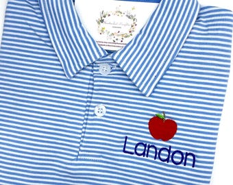 Back to School Boys Embroidered Cornflower Blue Stripe Short Sleeve Polo Quality Soft Cotton Blend Sizes 12 mo - 14 yr