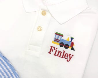 Boys White Polo Train Soft Cotton Sizes Monogrammed Sizes 12M-14