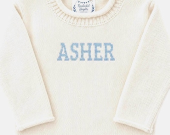 Unisex Cotton Knit Rollneck Sweater Off White Cross Stitch or Any Font Personalization Sizes 3M - 6 yr