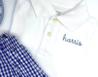 Personalized White Polo Boys Toddler Short or Long Sleeve Quality Interlock Cotton Sizes 12m-10yr