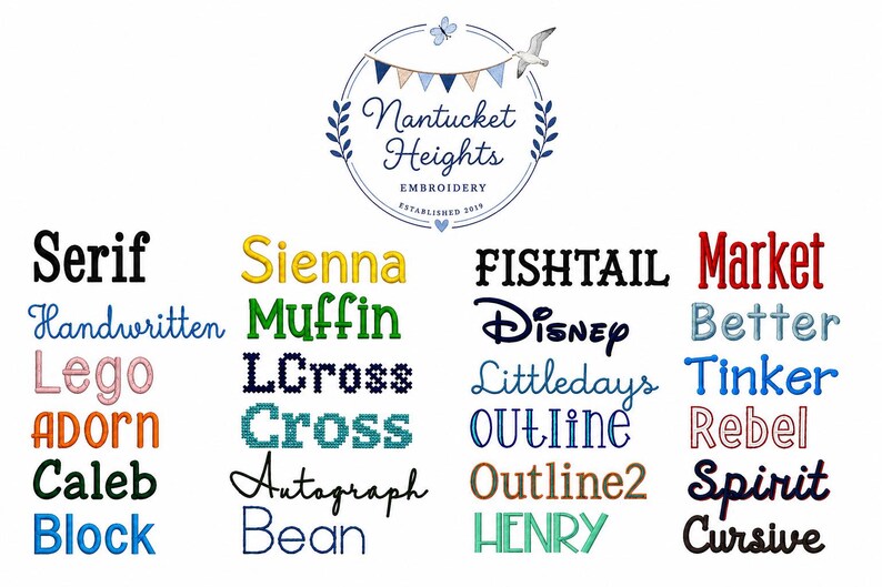 Może przedstawiać: Cyfrowa tabela przedstawiająca r&oacute;żne style czcionek hafciarskich, oznaczone nazwami takimi jak Serif, Sienna, Fishtail, Market, Handwritten, Muffin, Disney, Better, Lego, LCross, Littledays, Tinker, Adorn, Cross, Outline, Rebel, Caleb, Autograph, Outline2, Spirit, Block, Bean oraz Henry.