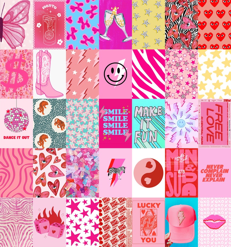K&ouml;nnte beinhalten: Eine Collage aus 16 pinken und blauen &auml;sthetischen Bildern. Die Bilder zeigen einen Schmetterling, ein Glas Mojito, ein Smiley, ein Zebra, eine Discokugel, ein Herz, einen Cowboystiefel, einen Stern, ein Yin-Yang-Symbol, einen pinken und roten W&uuml;rfel, eine pinkfarbene Baseballkappe und ein pinkes und rotes Herz mit dem Text "Make it Fun".