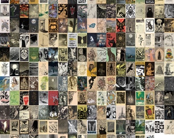 Puede incluir: Un collage de 100 imágenes pequeñas, cada una representando una ilustración o diseño diferente. Las imágenes están dispuestas en una cuadrícula y presentan una variedad de estilos, incluyendo vintage, surrealista y abstracto. Algunas de las imágenes incluyen texto, como "Scream", "Too Stressed" y "Up Against".